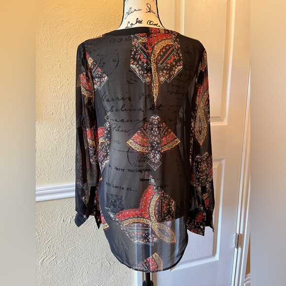 Daniel Rainn Split Neck Long Sleeve Sheer Tunic Blouse Black Scarf Print Size M - Picture 2 of 9